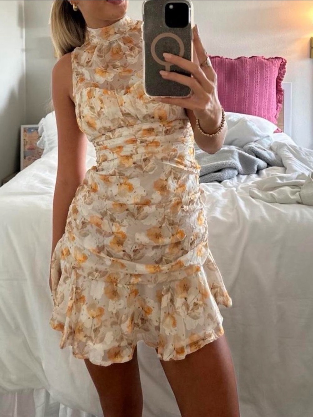 Sleeveless Floral Ruffle Mini Dress in Cream and Yellow